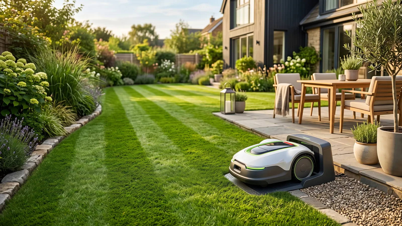 A robot mower in its charging dock beside a patio